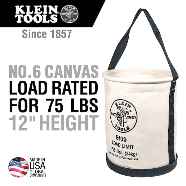 Klein Tools Canvas Bucket, Wide-Opening, Straight-Wall, Molded Bottom, 12-Inch - 5109