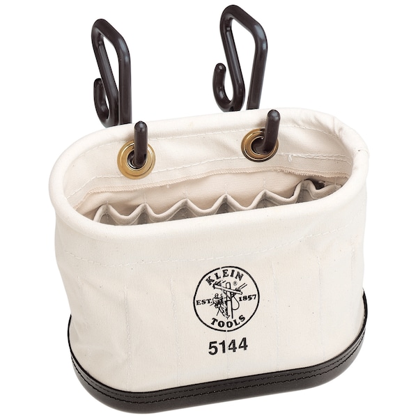 Klein Tools Canvas Bucket, Aerial Oval Tool Bucket with Hooks, Molded Polypropylene Bottom, 15 Pockets - 5144