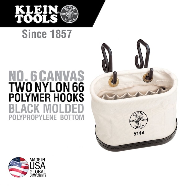 Klein Tools Canvas Bucket, Aerial Oval Tool Bucket with Hooks, Molded Polypropylene Bottom, 15 Pockets - 5144