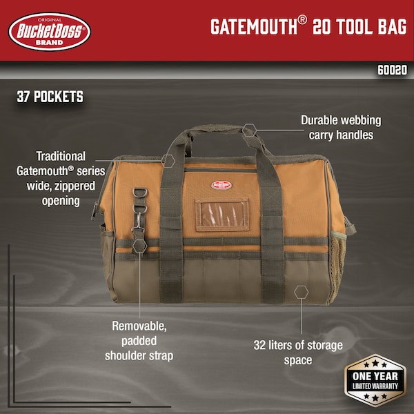 Bucket Boss Gatemount 20 Tool Bag, Double Wall 600 Poly Ripstop Fabric, 36 Pockets - 60020