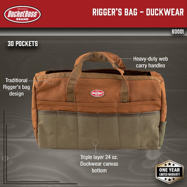 Bucket Boss Riggers Bag, 24oz, 30 Pocket, Duckwear Canvas Bottom, 30 Pockets - 60001