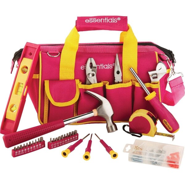 Essentials Tool Bag, Around-the-House Homeowner's Tool Set with Pink Tool Bag 32-Piece, Pink - 21043