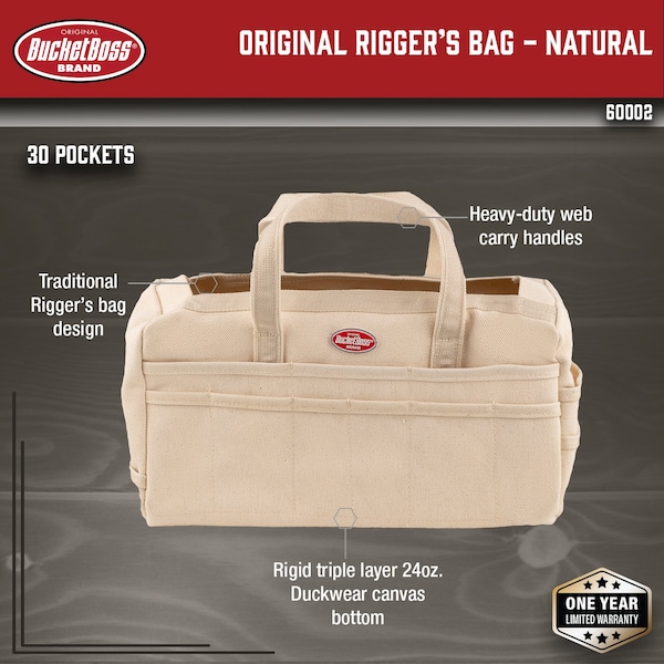 Bucket Boss Original Riggers Bag, Natural, 30 Pocket, Duckwear Canvas Bottom, 30 Pockets - 60002