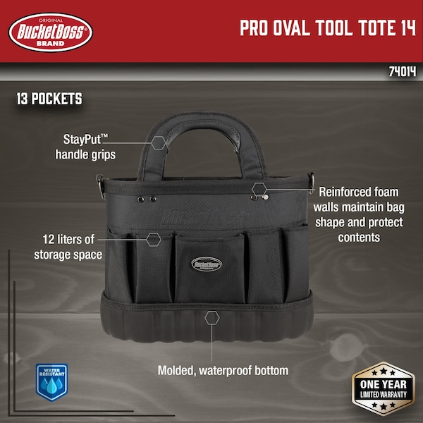 Bucket Boss Tool Tote, 13 Pocket, 14" x 8" x 10", 1680 Heavy-Duty Poly Fabric, 13 Pockets - 74014