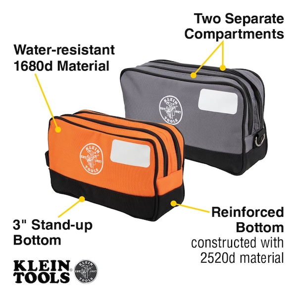 Klein Tools Double Zipper Tool Bag Set, Gray Bag: 12-in L x 7-in H, Orange Bag : 10-in L x 6-in H - 55579