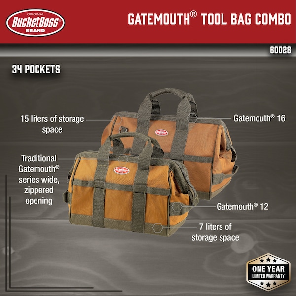 Bucket Boss Bag/Tote, Tool Bags, Combo, 12" and 16", Double Wall 600 Poly Ripstop Fabric - 60028