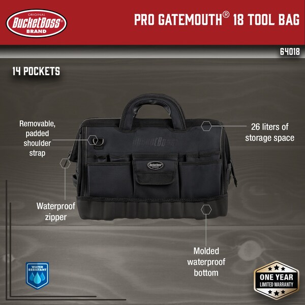 Bucket Boss The Pro Gatemouth 18 Tool Bag, 1680 Heavy-Duty Poly Fabric, 17 Pockets - 64018