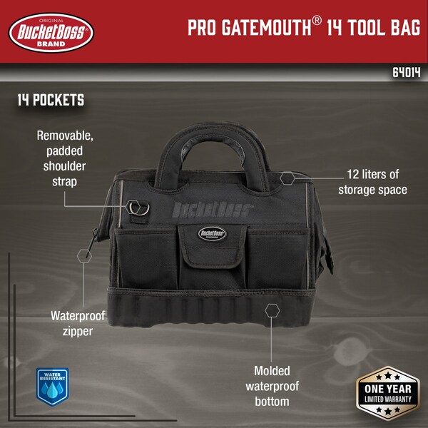 Bucket Boss Tool Bag, 14 Pocket, 1680 Heavy-Duty Poly Fabric, 12 Pockets - 64014