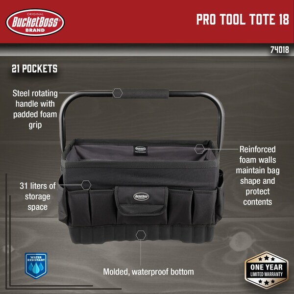 Bucket Boss Pro Oval Tool Tote 18, 1680 Heavy-Duty Poly Fabric, 14 Pockets - 74018