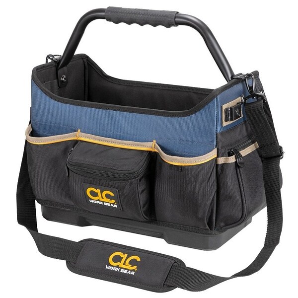 Custom Leathercraft CLC TOOL WORKS Molded-Base Open Top Tool Bag, 15 in W, 8 in D, 12 in H, 17-Pocket, Polyester, Black/Blue - PB1580