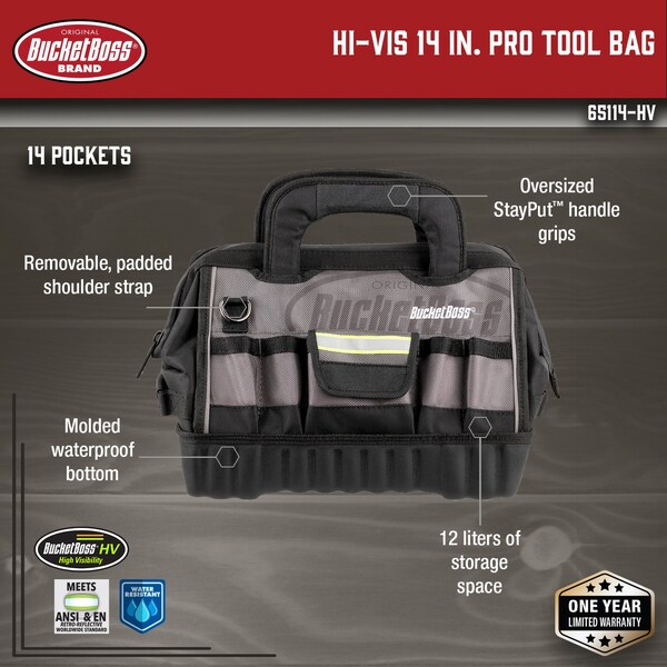 Bucket Boss HV Pro Bag, Hvy Dty Poly Fabric, 14", 1680 Heavy-Duty Poly Fabric, 14 Pockets - 65114-HV