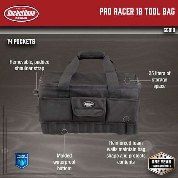 Bucket Boss Pro Racer 18 Tool Bag, 1680 Heavy-Duty Poly Fabric, 14 Pockets - 66018
