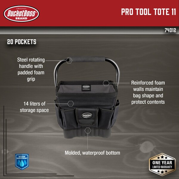 Bucket Boss Pro Tool Tote 11, 1680 Heavy-Duty Poly Fabric, 19 Pockets - 74012