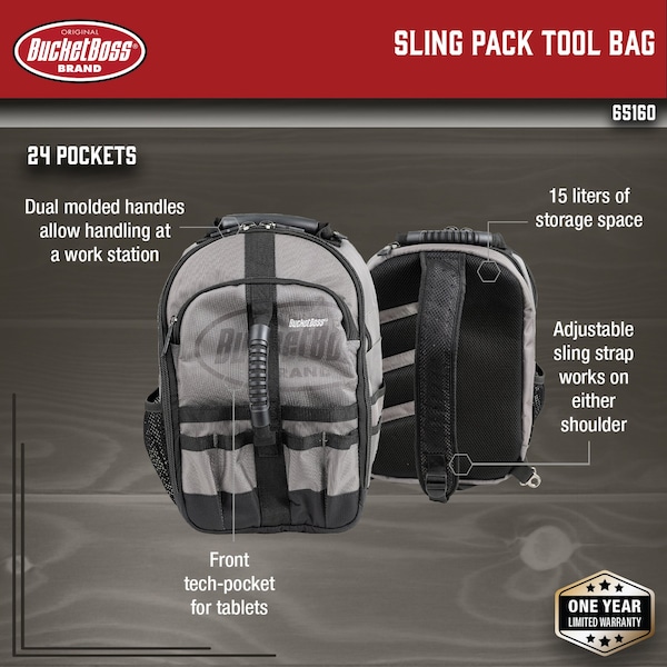 Bucket Boss Sling Pack Tool Bag, 1680 Heavy Duty Poly Fabric, 24 Pockets - 65160