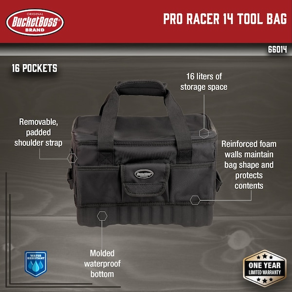 Bucket Boss Drop-Bottom Too Bag, 1680 Heavy-Duty Poly Fabric, 16 Pockets - 66014
