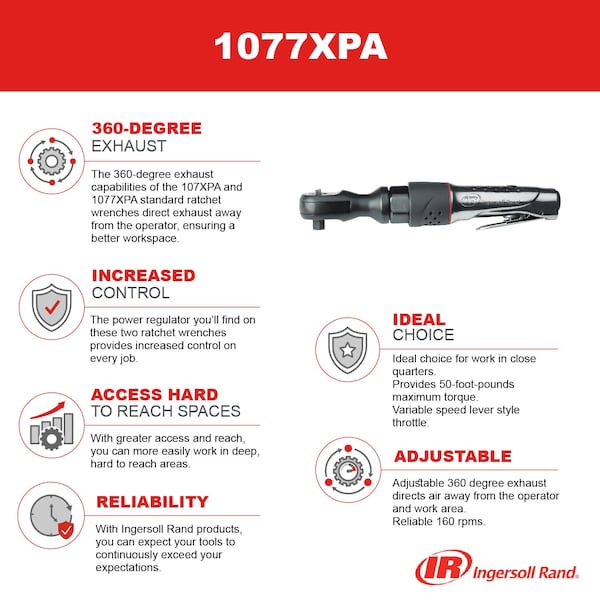 Ingersoll-Rand 1/2" Drive Air Ratchet Wrench, 73 ft-lb Max. Torque, 160 RPM - 1077XPA