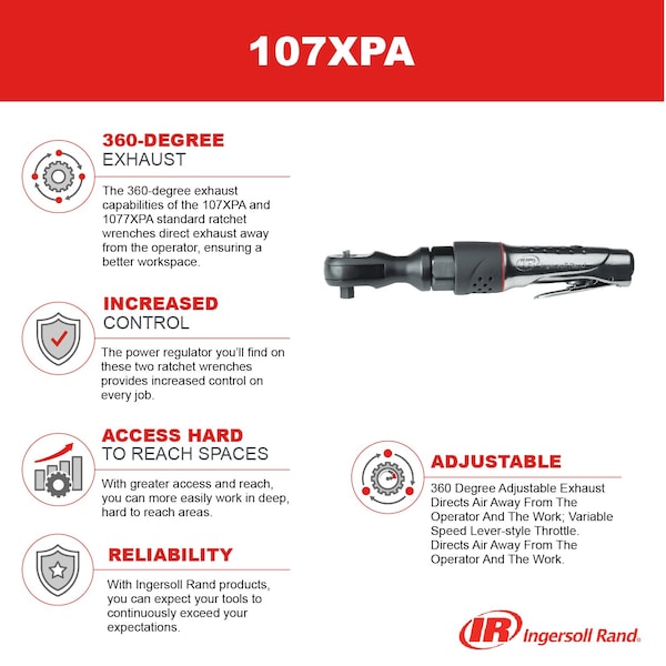 Ingersoll-Rand 3/8" Drive Air Ratchet Wrench, 73 ft-lb Max. Torque, 160 RPM - 107XPA