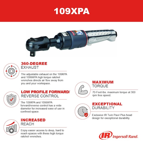 Ingersoll-Rand 3/8" Air Ratchet Wrench, 103 ft-lb Max. Torque, 220 RPM - 109XPA