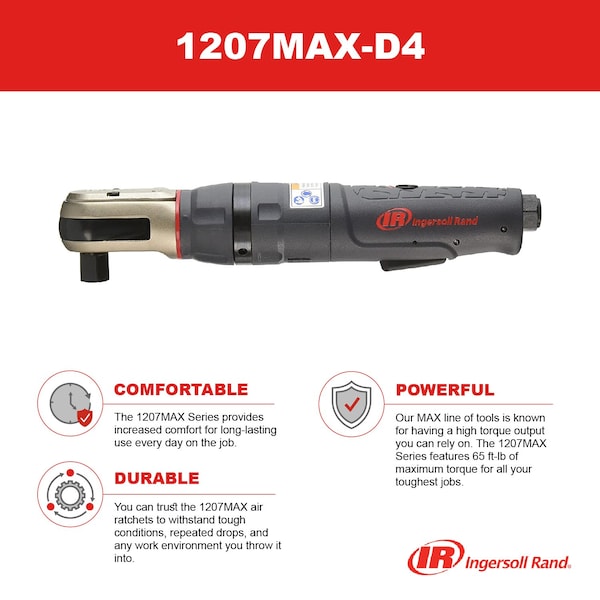 Ingersoll-Rand 1/2" Drive Air Ratchet Wrench, 88 ft-lb Max. Torque, 220 RPM - 1207MAX-D4