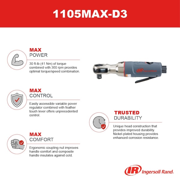 Ingersoll-Rand 3/8" Drive Air Ratchet Wrench, 41 ft-lb Max. Torque, 300 RPM - 1105MAX-D3