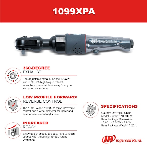 Ingersoll-Rand 1/2" Air Ratchet Wrench, 103 ft-lb Max. Torque, 220 RPM - 1099XPA