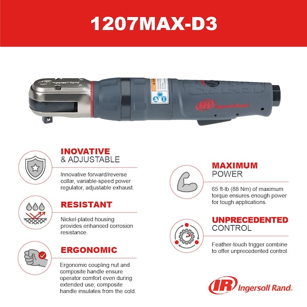 Ingersoll-Rand 3/8" Drive Air Ratchet Wrench, 88 ft-lb Max. Torque, 220 RPM - 1207MAX-D3