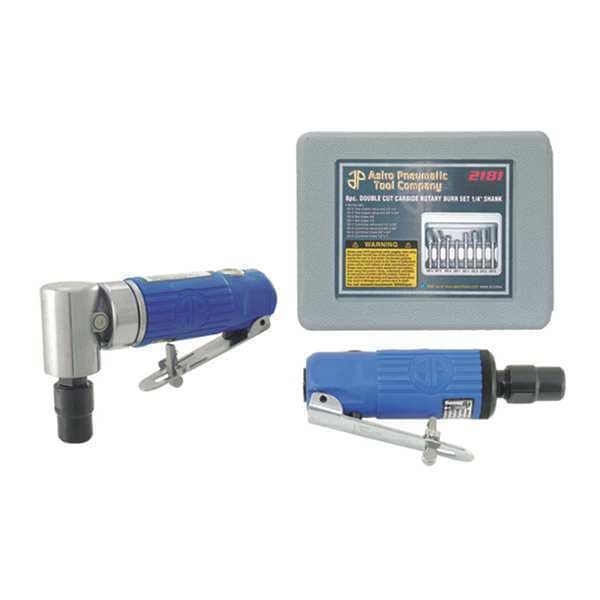Astro Pneumatic Right Angle Die Grinder Kit, Rotary Burr Set, 8 pcs., 1/4 in Air Inlet, 25,000 rpm - 1221