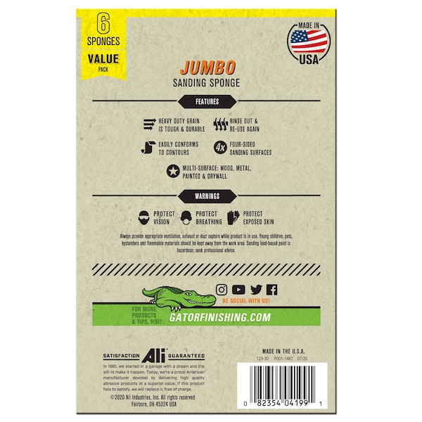 Esponjas de lijado Gator Finishing todo uso de grano medio/fino, tamaño jumbo - 4199.