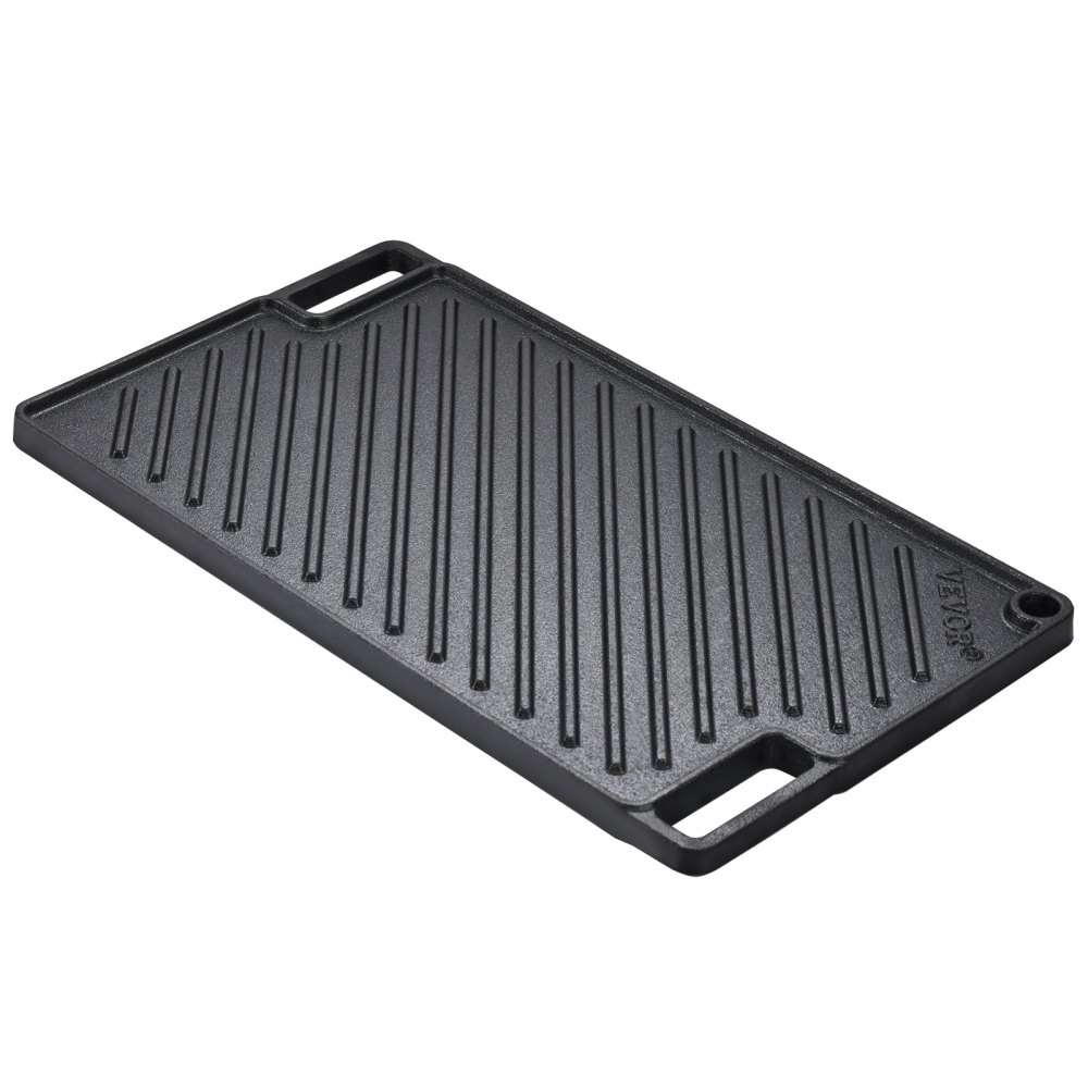 VEVOR Reversible Grill/Griddle, 9.7"x16.7" Pre-Seasoned Cast Iron Griddle, Rectangular Double Burner Griddle Pan, Non-Stick Family Pan Cookware with Handles, Flat Top Plate for BBQ, Gas Grill, Black - SMJP17YCZT00YZQJ6V0