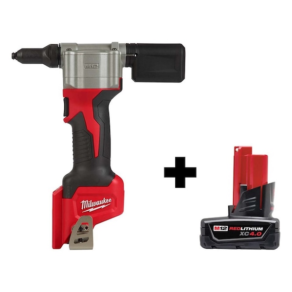 Milwaukee Tool M12 Rivet Tool + M12 XC 4.0 Battery Pack - 2550-20, 48-11-2440