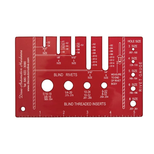 Disco Red Plstc Pop Rivet Gauge Measure sizes 3/32"-1/4" Dia - 11410
