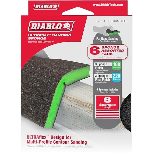 Esponja para lijar Diablo ULTRAflex surtida, 5 pulgadas de largo, 4 pulgadas de ancho, 180 y 220 Grit, MicroFine, UltraFine - DFPFLEXUMF06G