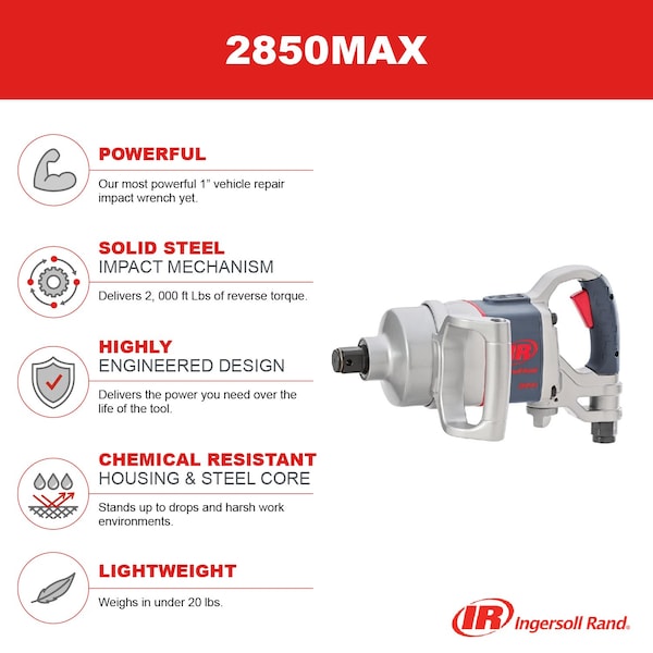 Ingersoll-Rand 1" Air Impact Wrench, 2100 ft-lbs Max Rev Torque, D-handle - 2850MAX