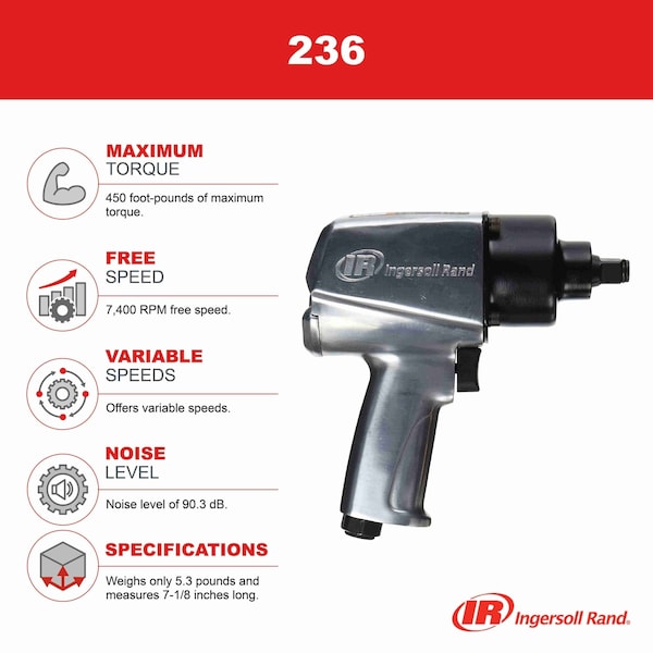 Ingersoll-Rand Air Impact Wrench, 1/2 In. Dr., 7400 rpm - 236