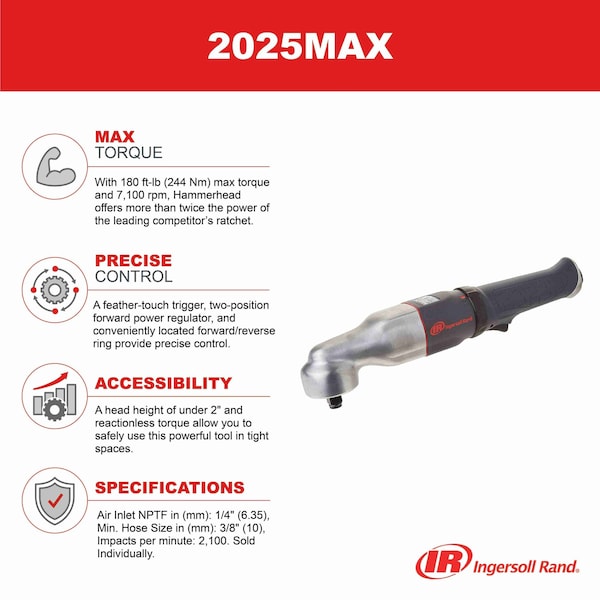 Ingersoll-Rand 1/2" Air Impact Wrench, 180 ft-lbs Max. Reverse Torque - 2025MAX