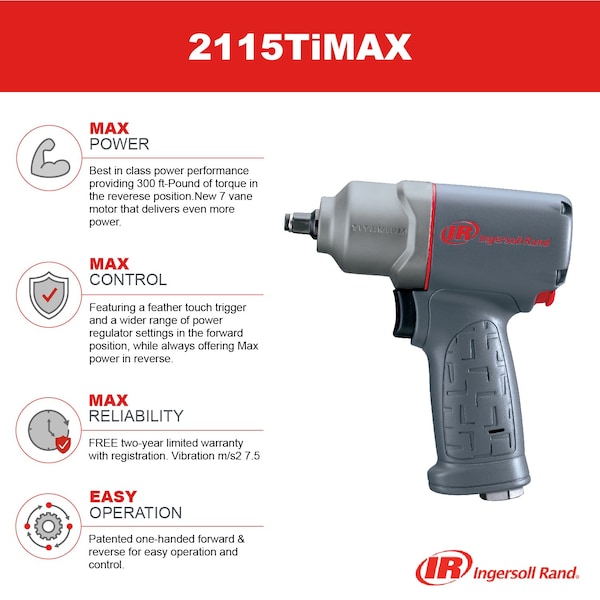 Ingersoll-Rand 3/8" Air Impact Wrench, 300 ft-lbs Max Reverse Torque - 2115TIMAX
