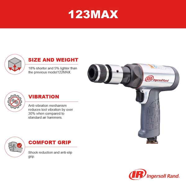 Ingersoll-Rand Air Hammer, Industrial Duty, 0.401 in Shank Size, 3,530 bpm, 2-5/8" Stroke, 3/4 in Bore - 123MAX
