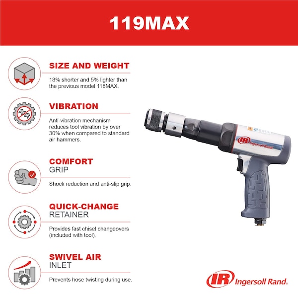 Ingersoll-Rand Industrial Duty Air Hammer, Vibration Reduced, 2530 BPM - 119MAX