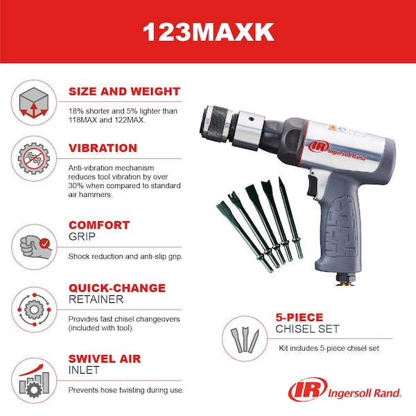 Ingersoll-Rand Air Hammer Kit, Industrial Duty, 0.401 in Shank Size, 3,530 bpm, includes 5-piece Chisel Set - 123MAXK