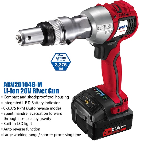 Acdelco P20 series Li-ion 20V BRUSHLESS Rivet Tool w/ ETC (1 Battery) - ARV20104B-M