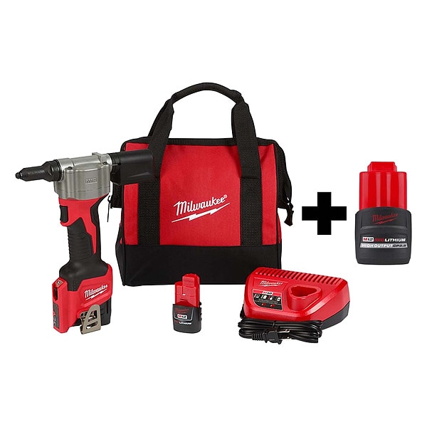 Milwaukee Tool M12 Rivet Tool Kit + M12 HIGH OUTPUT CP2.5 Battery Pack - 2550-22, 48-11-2425