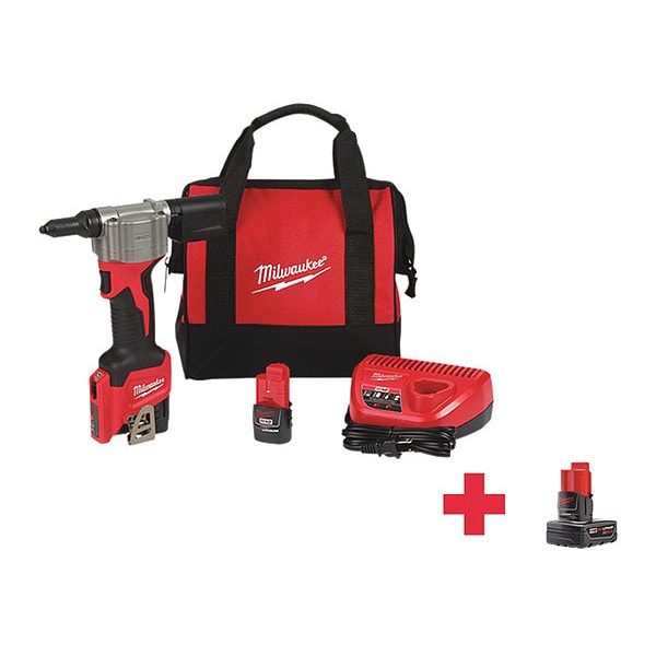 Milwaukee Tool M12 Rivet Tool Kit + M12 XC 4.0 Battery Pack - 2550-22, 48-11-2440