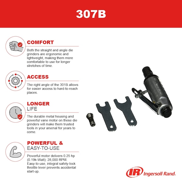 Ingersoll-Rand Straight Die Grinder, 1/4 in NPT Female Air Inlet, 1/4 in Collet, Medium Duty, 28,000 RPM, 0.25 hp - 307B