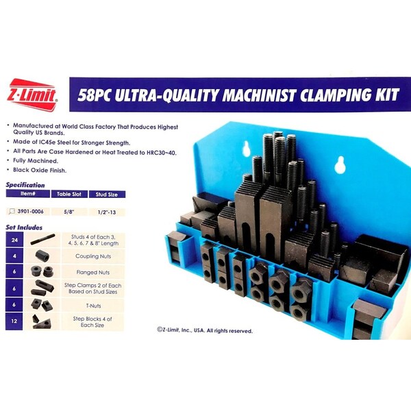Hhip Ultra Quality 58 Piece 5/8" T Slot 1/2-13 Stud Size Clamping Kit - 3901-0006