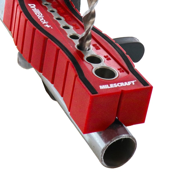 Milescraft Drill Block Plus Handheld Drilling Guide w/9 Bushing Sizes. Easy to Cut On Flat, Edge Or Round Stock - 1336