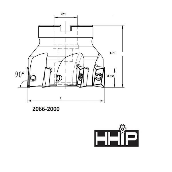 Hhip 2" X 3/4 Bore 90 Degree APKT-160408 Indexable Face Mill - 2066-2000
