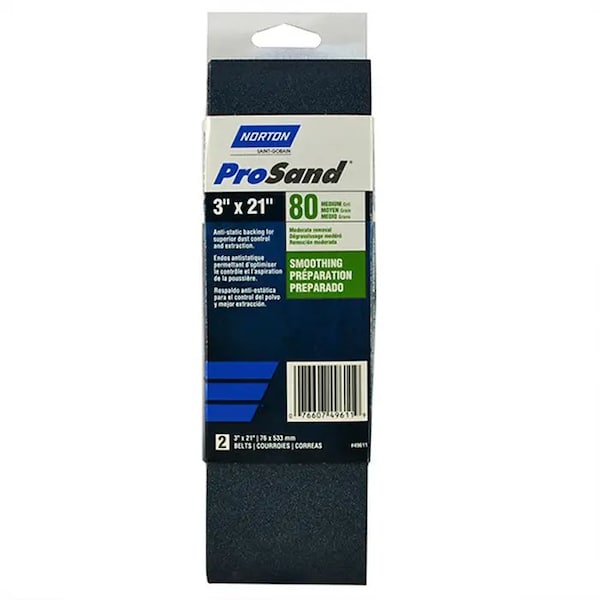 Norton Co 3" x 21" ProSand BlueFire Cinturón Portátil para Lijado 80 granos, Paquete de 2 - 02226