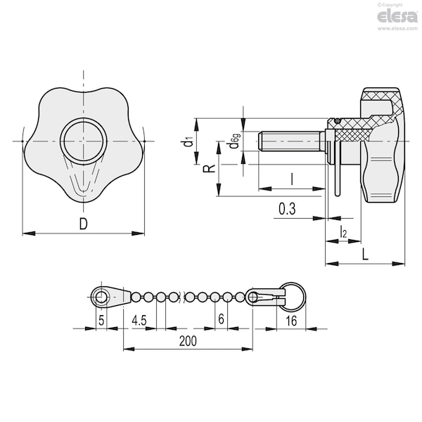 Elesa Zinc-plated steel threaded stud, VCT.40 p-M8x20-LP-C9 - VCT-P-LP