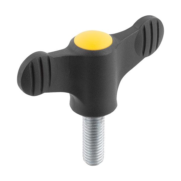 Kipp Wing Grip D=M04X15 A=38, H=18, Form: L, Plastic Black, Comp: Steel, Blue-Passivated, Cap: Yellow - K0274.9047X15