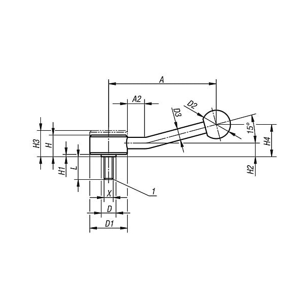 Kipp Adjustable Tension Levers low profile, external thread, 15°, metric - K0114.2122X20